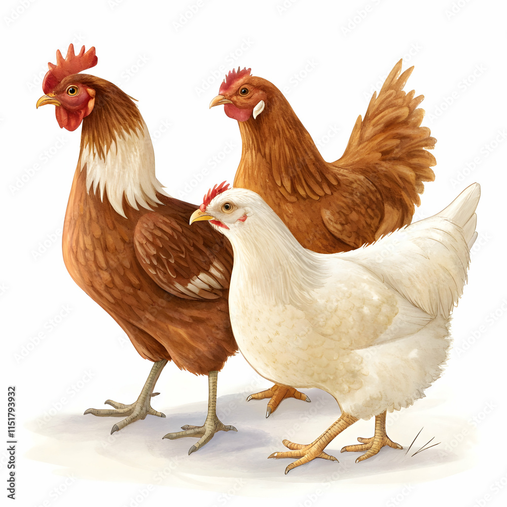 Fototapeta premium Two brown chickens and one white hen isolated on white background