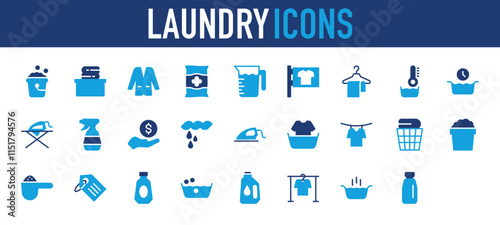 Set of Laundry icon. Cloth Hanger, Clothing Rack, Washing Powder, Measuring Jug, Label, Payment, Drying, Rinse, Time, Hot Water, Water Temperature, Bucket, Detergent, Softener vector. 