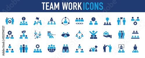 Set of Team Work icon. Pull, Puzzle, Committee, Meeting, Setting, Business Meeting, Link, Users, Global Network, Network, Care, Leader, Partners, Goal, Team, Collaboration vector.	
