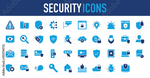 Set of Security icon. Siren, Key, User Protection, Lock, Error, Fixing, Cancel, Firewall, Shield, Safe Box, Cyber Security, Floppy, Setting, Mail, Bomb, Key, Home Security, Cloud vector.	