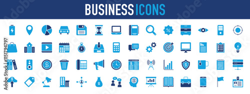 Set of Business icon. Battery, Location Pin, Pie Chart, Car, Floppy Disk, Hourglass, Search, Laptop, Notebook, Sale, Drawer, Eye, Pc Tower, Crosshair, Shopping Bag, Office, Video vector.