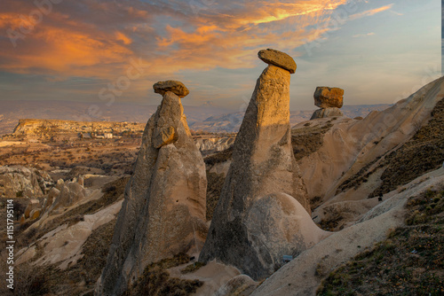 Obraz na płótnie Fairy Chimneys are world-famous natural formations located in the Cappadocia region of Turkey. They were formed by wind and water erosion of volcanic tuff layers over thousands of years. w salonie