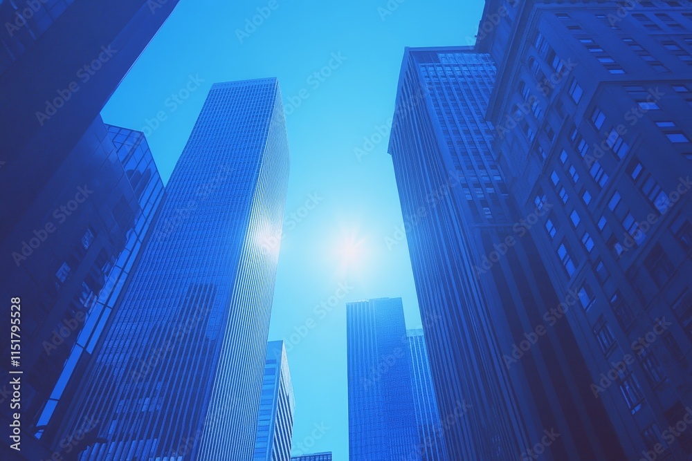 Low angle view of skyscrapers against a bright blue sky. Low angle view of skyscrapers against a bright blue sky.