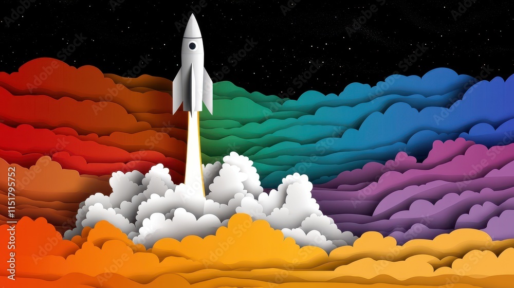 Fototapeta premium Rocket Launching Through Colorful Paper Cloudscape