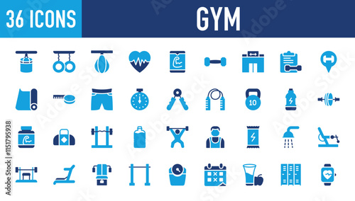 Set of 36 Gym icon. Protein, Weight, Weightlifting, Locker, Pull Up Bar, Gym Bag, Ez Bar, Water Bottle, Athlete, Energy Bar, Shower, Fitness, Pec Deck, Weight Scale, Calendar, Apple illustration. 