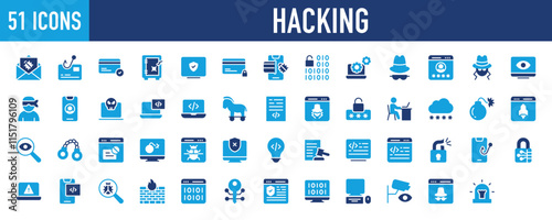 Set of 51 Hacking icon. Hacked, Hook, Binary Code, Cybercrime, Virus, Legal Document, Unprotected, Mobile, Padlock, Warning Sign, Mobile Phone, Search, Firewall, Key, Shield, Screen illustration.