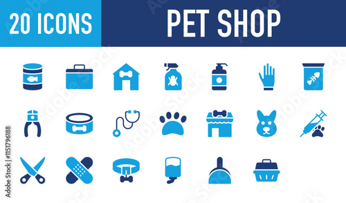 Set of 20 Pet Shop icon. Collar, Stethoscope, Pet Shampoo, Bandage, Pet Shop, Scissor, Drip, Dustpan, Pet Box, Fish, Aid Kit, Dog House, Bug Spray, Hand Gloves, Pincer, Dog Food illustration.	
