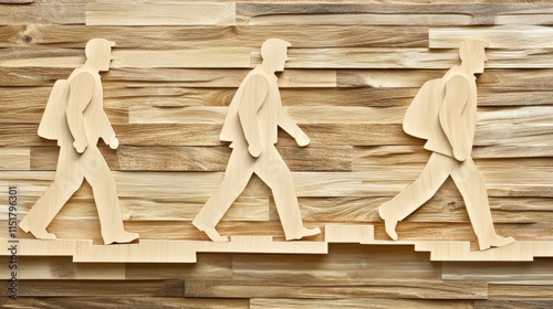 Wooden figures ascending a staircase of steps photo