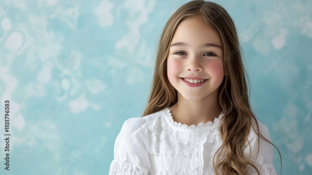 Smiling Young Girl with Long Hair Against Blue Background Smiling Young Girl with Long Hair Against Blue Background