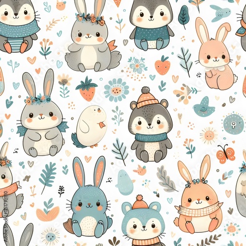 Children's wallpaper design, pattern with rabbits.