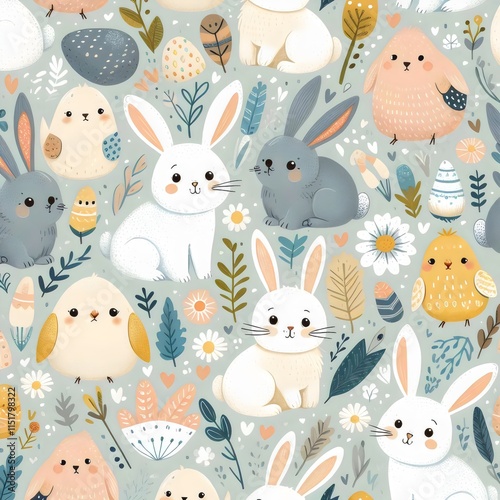 Easter wallpaper. Seamless pattern with rabbits and birds. 