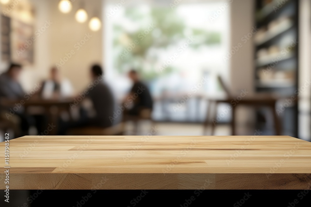 Empty wooden table in blurred coffee shop background.