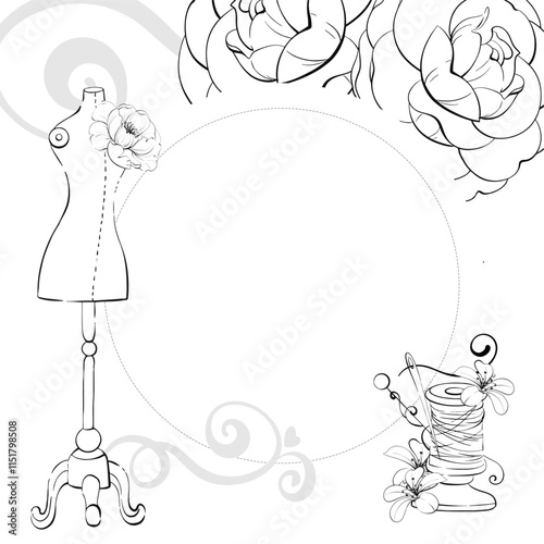 Vintage sewing tools template - mannequin and spool. Circle frame for design with flowers. Vintage old fashion, tailoring for postcard, fabric, printing. Graphic vector line, hand drawn, black