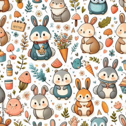 Seamless pattern with cartoon animals and plants on a white background.
