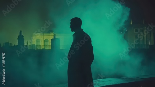 Silhouetted Man Stands Alone In A Green Night Cityscape