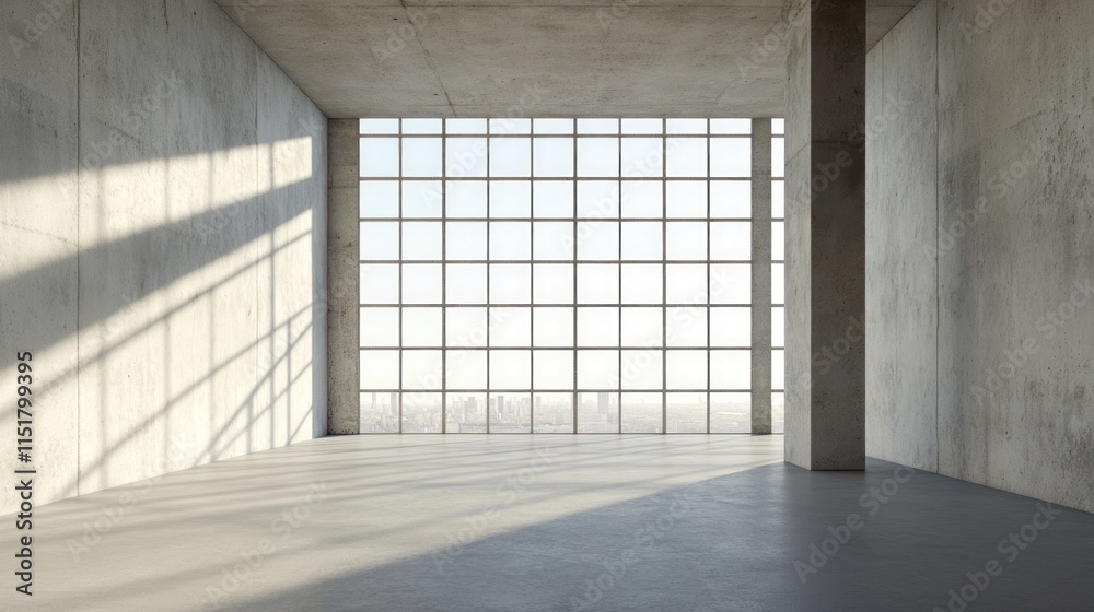 Fototapeta premium Sunlit Concrete Room with City View
