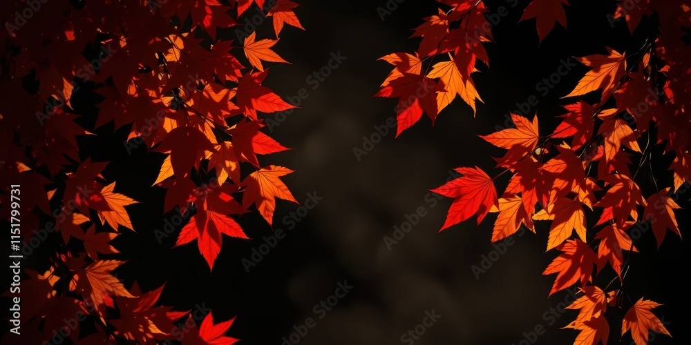 Autumnal foliage, vibrant red and orange maple leaves backlit against a dark background, showcasing intricate leaf details and shadow play. Autumnal foliage, vibrant red and orange maple leaves backlit against a dark background, showcasing intricate leaf details and shadow play.