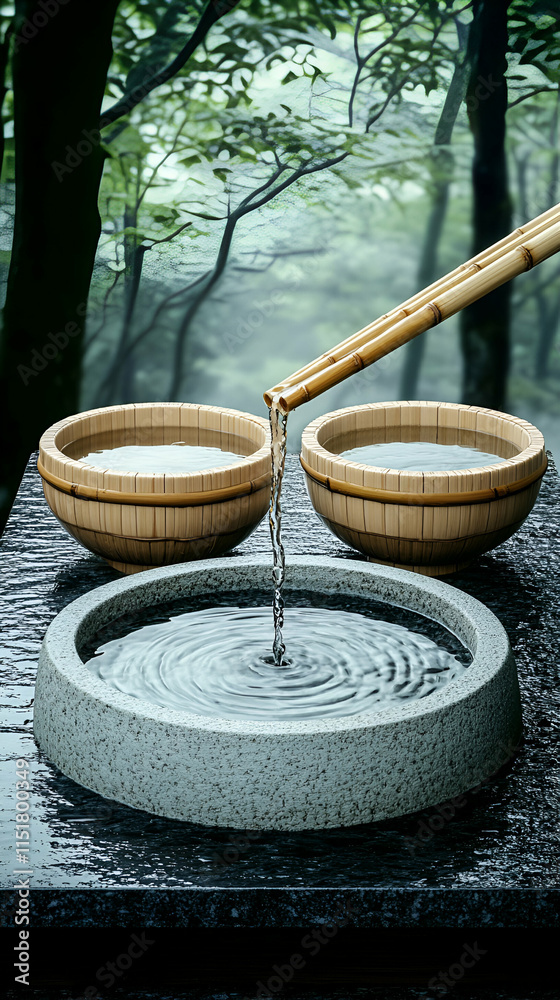 Serene Bamboo Water Pouring into Stone Bowls in a Misty Forest Setting, Tranquil Zen Garden Atmosphere Serene Bamboo Water Pouring into Stone Bowls in a Misty Forest Setting, Tranquil Zen Garden Atmosphere