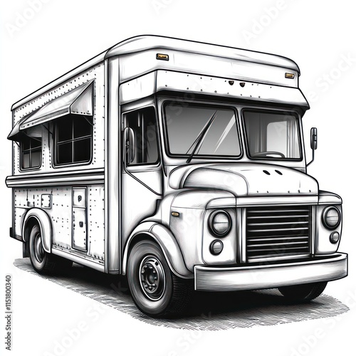 Vintage food truck illustration, white, side window, wheels.