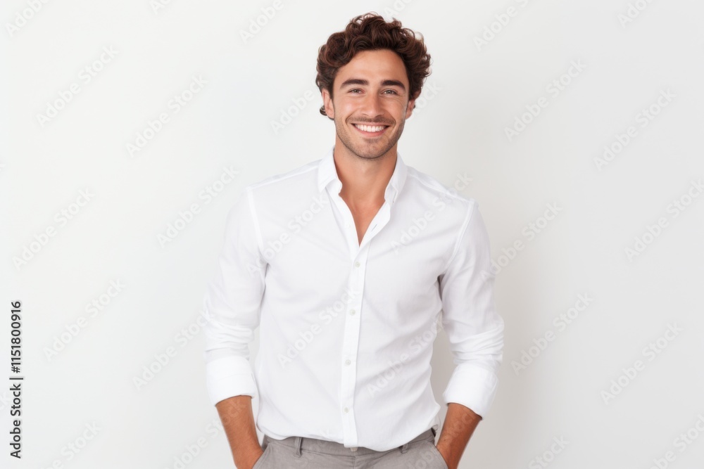 A confident young man dressed in casual white clothes, smiling warmly with one hand in his pocket, standing against a clean white background