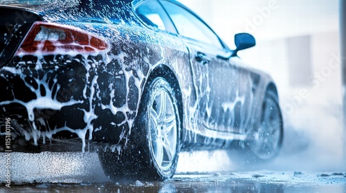 A grey car is undergoing a thorough wash with soap, surrounded by a backdrop of a car wash facility. Water sprays and foam cover the vehicle, creating a refreshing atmosphere