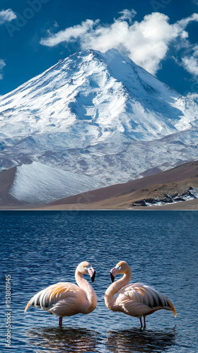 Pink Flamingos by Snowy Mountain Lake, A serene scene of two flamingos gracefully standing in a tranquil lake, with a majestic snow-capped mountain providing a breathtaking backdro