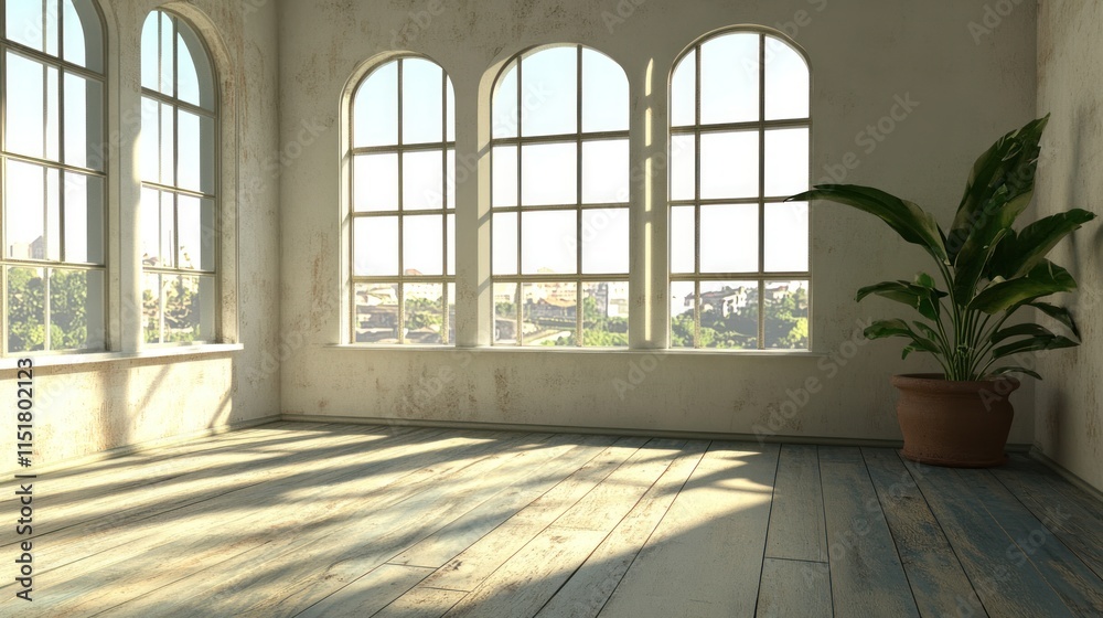 Sunlit Room with Arched Windows and City View Sunlit Room with Arched Windows and City View