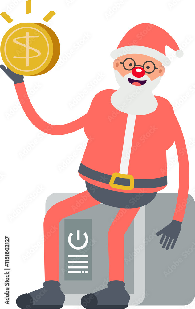 Santa Claus Character Sitting on Safe and Holding Dollar Coin
Santa Claus Character Sitting on Safe and Holding Dollar Coin