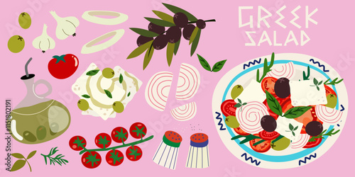 Greek Cuisine poster. Traditional Greek salad with slices of feta cheese, tomatoes, olives, onion and olive oil. Vegetables salad recipe. Fresh vegetables vector icon design food