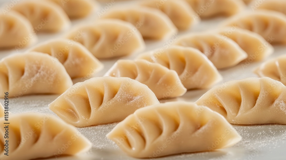 Close-up of numerous uncooked gyoza dumplings. Perfect for food blogs, recipe websites, and Asian cuisine themes. Close-up of numerous uncooked gyoza dumplings. Perfect for food blogs, recipe websites, and Asian cuisine themes.