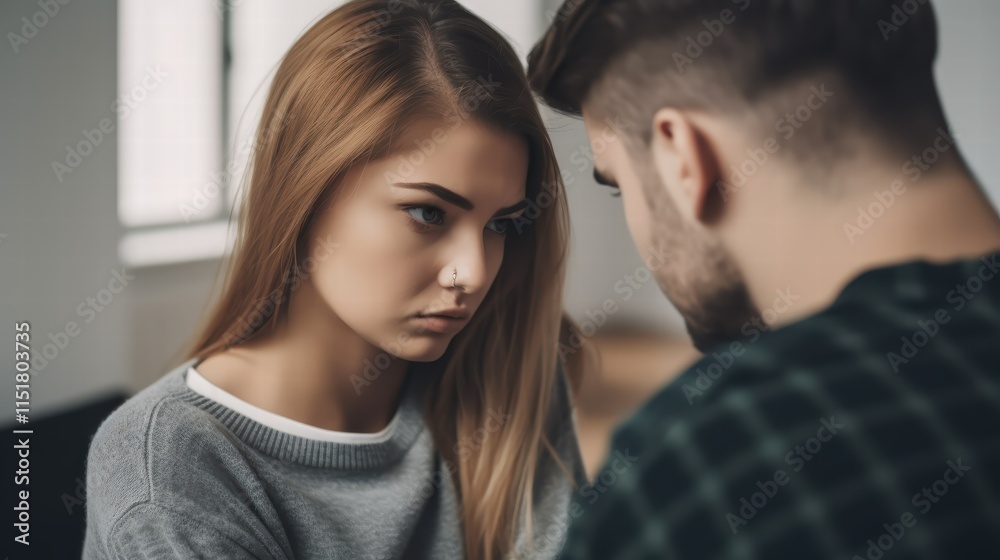 A young woman appears reflective and contemplative, engaged in deep thought during a serious conversation with a man. The soft lighting highlights her expressions in a contemporary indoor environment A young woman appears reflective and contemplative, engaged in deep thought during a serious conversation with a man. The soft lighting highlights her expressions in a contemporary indoor environment