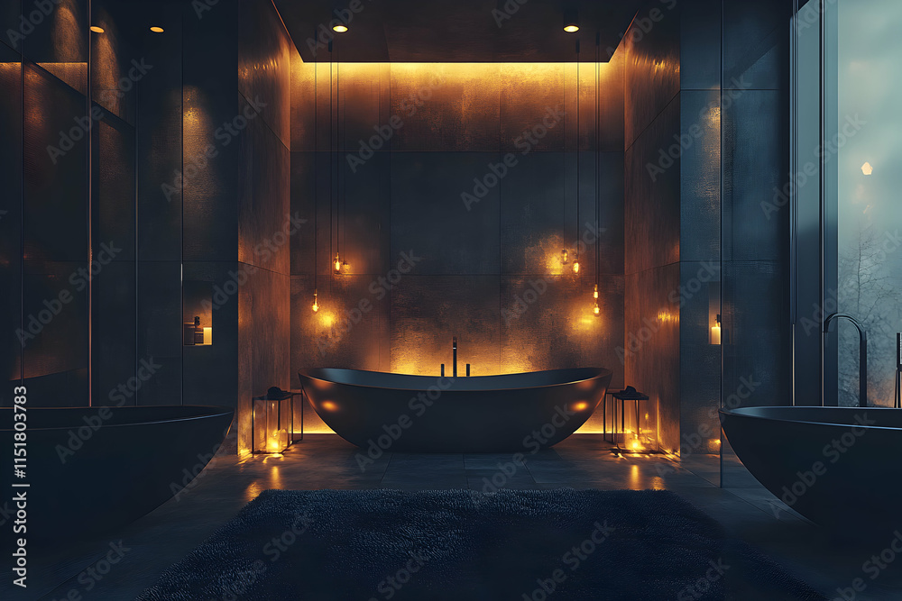 Fototapeta premium Modern Dark Bathroom Design, Luxurious Bathtub with Warm Lighting, Enhancing Relaxation and Sophistication.