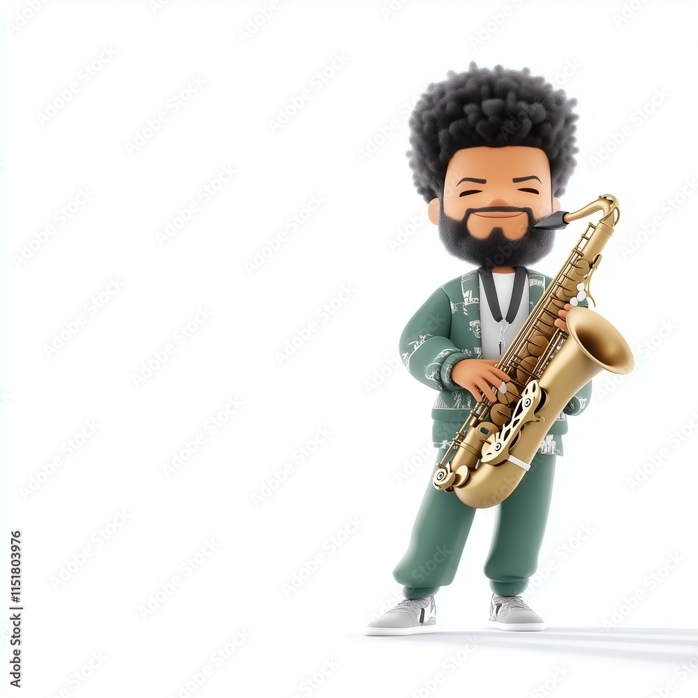 Fototapeta premium Cartoon musician playing saxophone, white isolate background