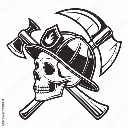 Skull with Firefighter Helmet and Crossed Axes silhouette. Vector illustration  photo