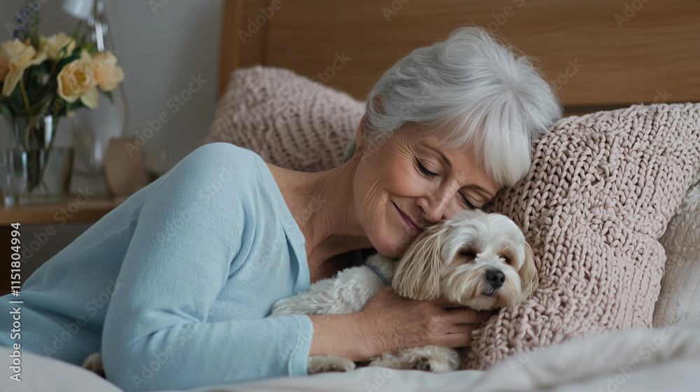 Cheerful Elderly Woman with Dog in Cozy Bedroom Scene Cheerful Elderly Woman with Dog in Cozy Bedroom Scene