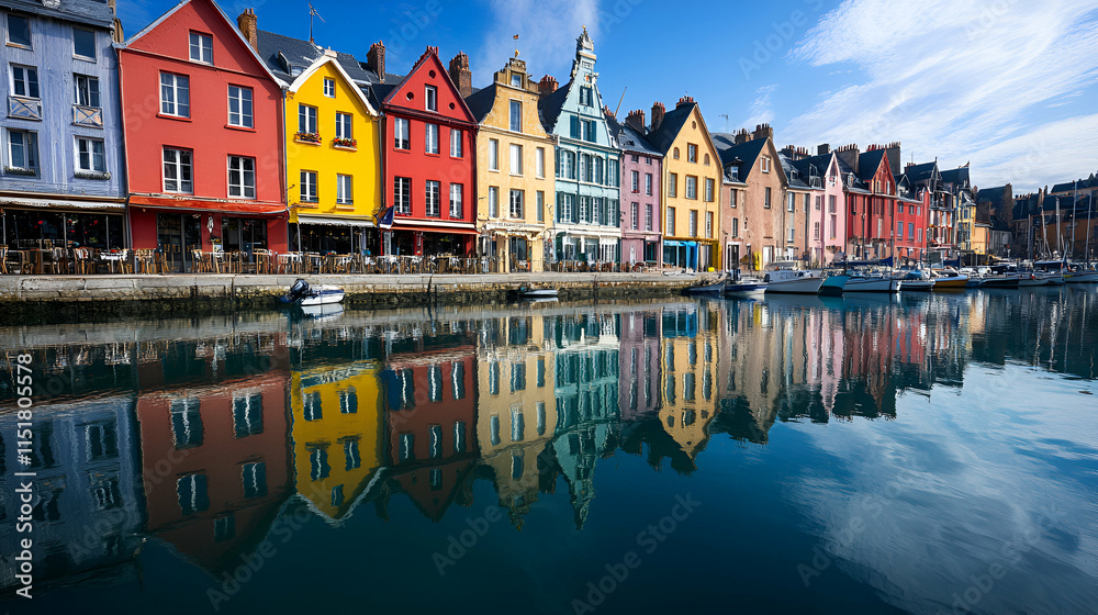 Obraz premium Vibrant Waterfront Buildings Reflecting in Calm Water, a Picturesque Harbor Scene Displaying Colorful Architecture Under a Sunny Sky