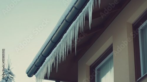 Icicles Hanging on the Roof of a Private House Caused by Poor Roof Construction, Highlighting Metal Downpipe, Guttering System, and Drainage Issues in Winter Conditions photo