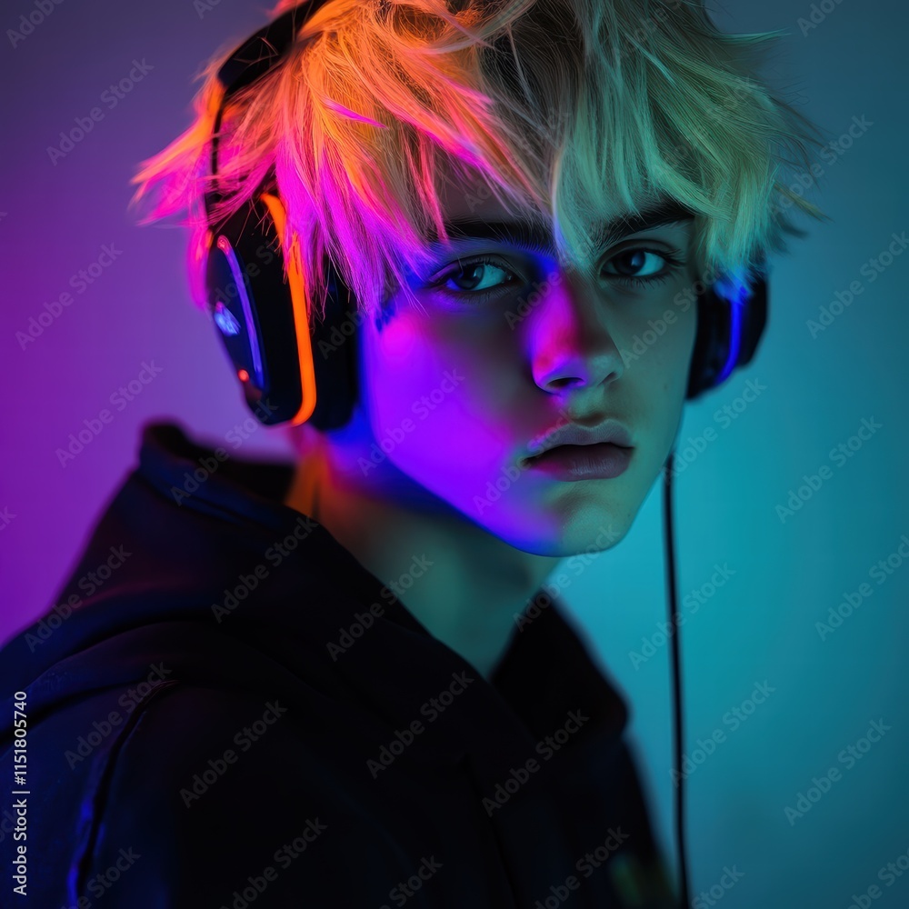 A gamer boy with striking messy blonde hair is wearing headphones, absorbed in a gaming experience. Colorful lighting enhances the energetic vibe of his surroundings A gamer boy with striking messy blonde hair is wearing headphones, absorbed in a gaming experience. Colorful lighting enhances the energetic vibe of his surroundings