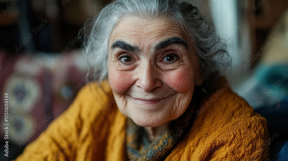 An elderly woman with striking gray hair and expressive features smiles warmly while sitting in a comfortable space filled with soft textiles. Her joy radiates in a relaxed atmosphere An elderly woman with striking gray hair and expressive features smiles warmly while sitting in a comfortable space filled with soft textiles. Her joy radiates in a relaxed atmosphere