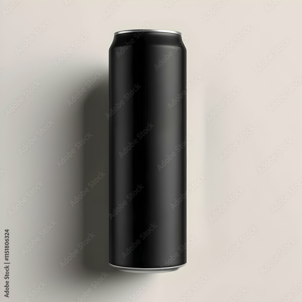 A tall, slim, black aluminum can with a silver top and bottom sits on a light beige background. The can is empty and ready for branding or design. A tall, slim, black aluminum can with a silver top and bottom sits on a light beige background. The can is empty and ready for branding or design.