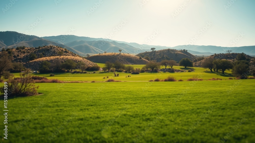 Obraz premium Serene landscape of rolling hills, vibrant green pasture, and scattered trees under a clear sky