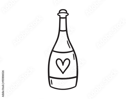 Champagne for wedding party drink. Bottle of sparkling wine doodle hand drawn icon. Outline drawing alcohol line clipart symbol