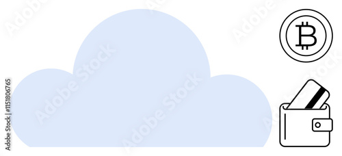 Cloud shape central, Bitcoin coin symbol and wallet with credit card on the side. Ideal for fintech, digital payments, blockchain, cryptocurrency, cloud storage, cyber security finance. Line