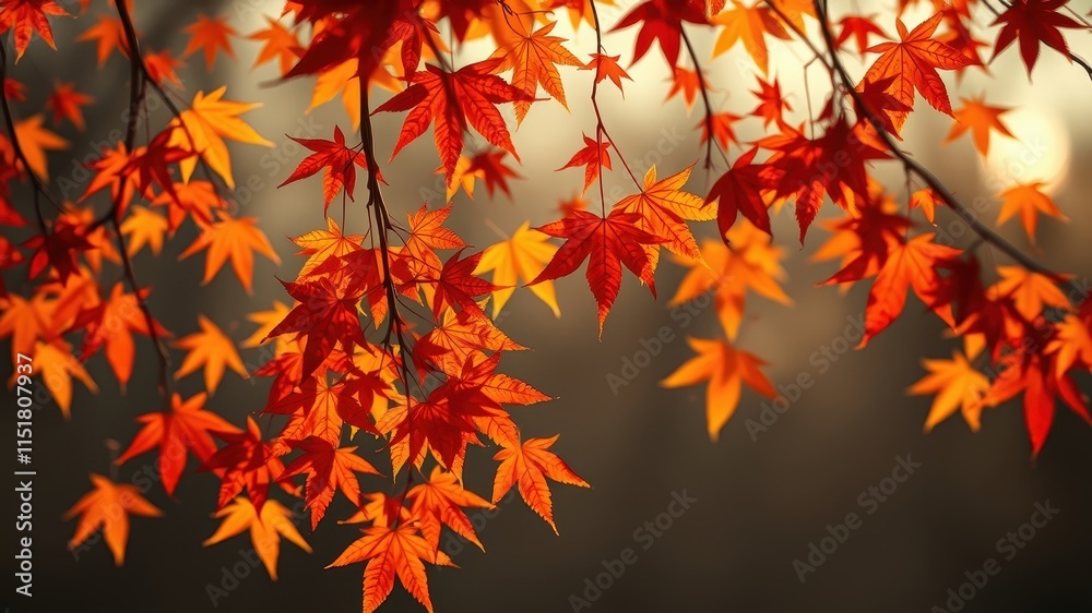 Autumnal foliage, vibrant red and orange maple leaves illuminated by soft light, hanging gracefully from branches Autumnal foliage, vibrant red and orange maple leaves illuminated by soft light, hanging gracefully from branches