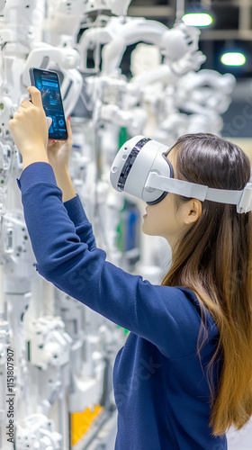 Woman uses VR headset & phone to interact with robotic arm technology, exploring future automation innovations. photo