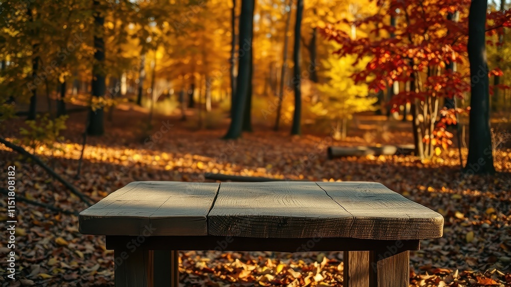 Rustic Wooden Table in a Sunlit Autumn Forest Setting Rustic Wooden Table in a Sunlit Autumn Forest Setting