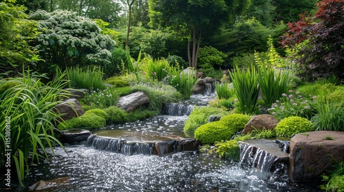 A small stream with waterfalls flows through a lush, green garden.