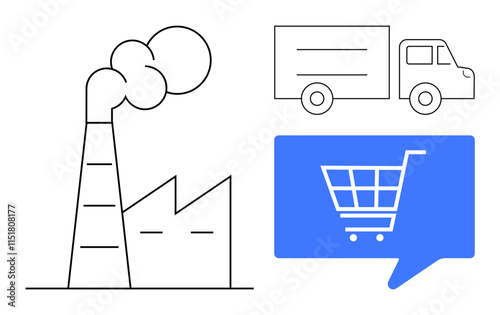 Factory emitting smoke, delivery truck, and e-commerce shopping cart in speech bubble. Ideal for industry, logistics, e-commerce, supply chain, manufacturing, transport, business growth. Line