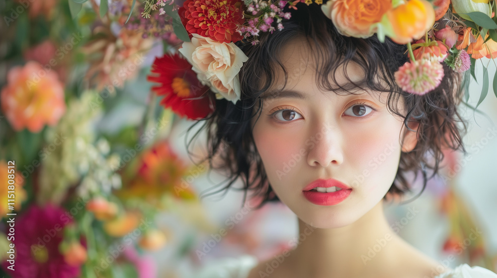 banner advertisement for a creative flower shop in floristry, portrait of a beautiful young Asian woman with flowers woven into her hair banner advertisement for a creative flower shop in floristry, portrait of a beautiful young Asian woman with flowers woven into her hair
