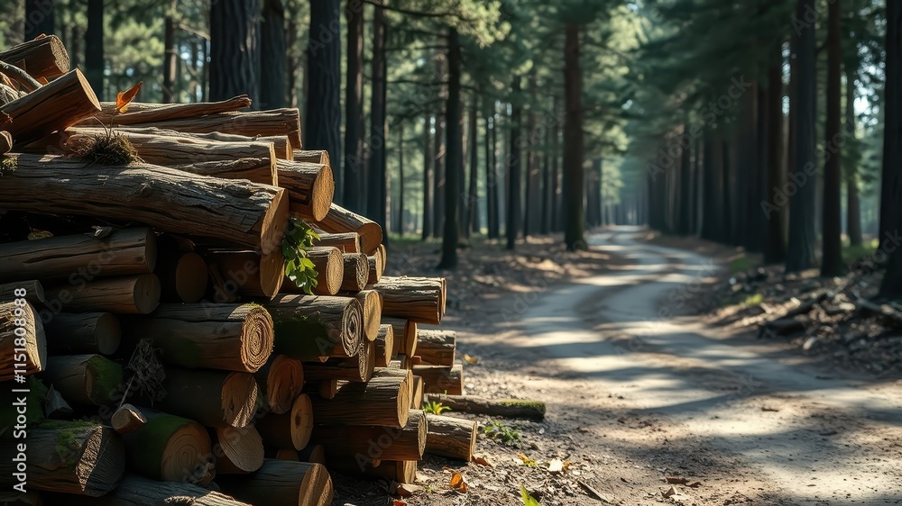 A stack of cut logs rests beside a sun-dappled forest path A stack of cut logs rests beside a sun-dappled forest path